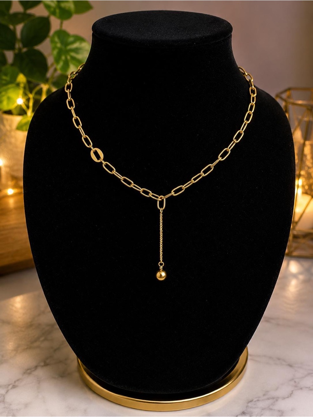 Gold Link Chain Necklace with Dangling Ball Pendant - Women Jewelry